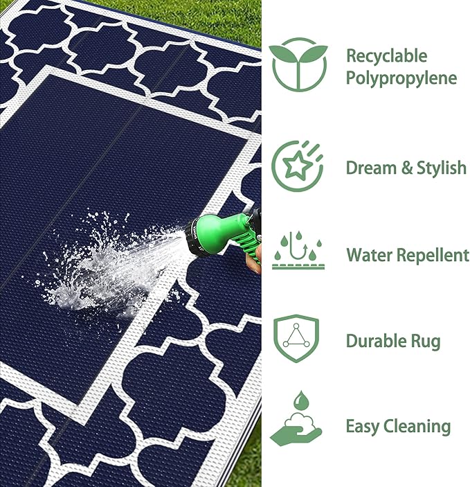 GENIMO 5' x 8' Outdoor Rug Waterproof for Patio Fall Decor, Foldable Reversible Plastic Straw Area Rugs Mat for Camper, Outside Carpet for Rv, Deck, Porch, Picnic, Beach, Balcony, Blue & White-HomvellaHome