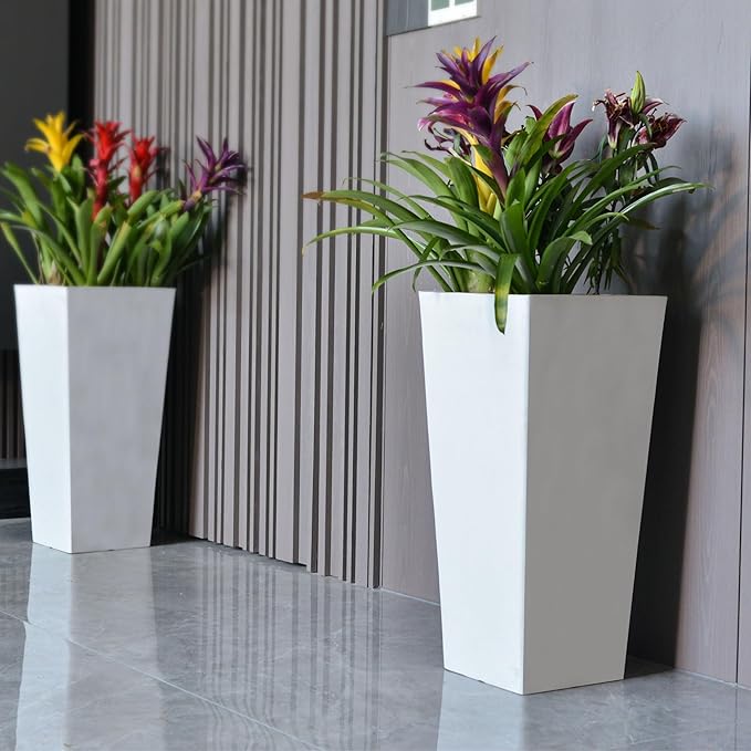 GreenShip 27" Tall Planters, Set of 2 – Black Outdoor Planter for Front Porch & Tall Plants, Weather-Resistant, with Drainage Hole & Rubber Plug (No Plants Included) (White-2pcs)-HomvellaHome