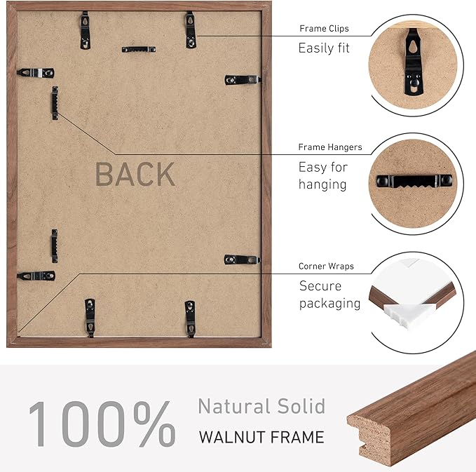12x16 Picture Frame Set of 4 Natural Solid Walnut Photo Frames with 8.5x11 Removable Mat Wall Hanging Large Handcrafted Frame with HD Plexiglass Wall and Tabletop Display Large Poster Frame-HomvellaHome