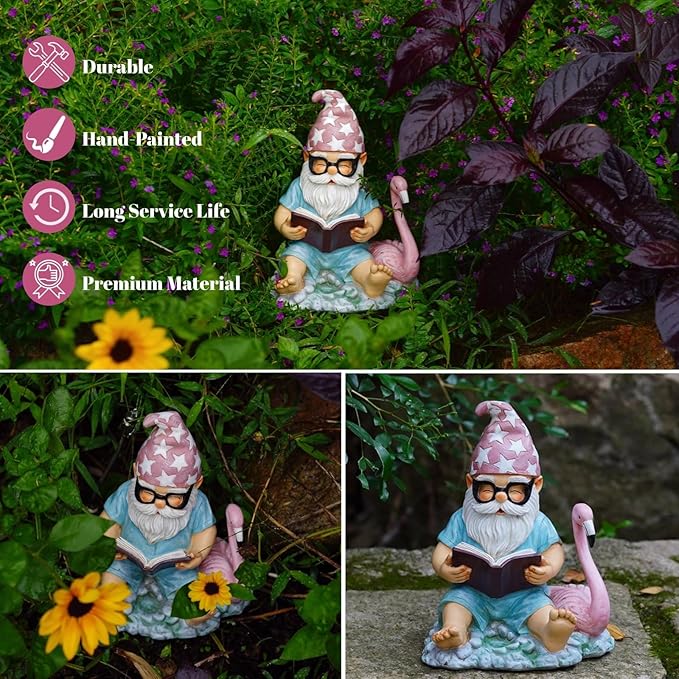 Gnome Statue Garden Decor, Resin Gnome and Flamingo Figurines Outdoor Decorations for Yard Art Porch Lawn Ornaments, Unique Housewarming Gifts-HomvellaHome