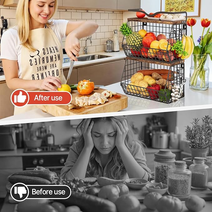 2 Pack Fruit Bowl Hanging Fruit Basket for Kitchen Counter ,Stackable Wire Baskets for Onion Storage and Potato Storage with Wood Lid,Vegetable Fruit Basket with Banana Hooks-HomvellaHome