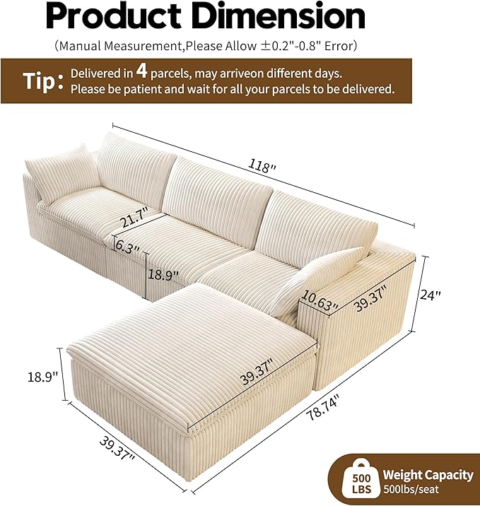 118" L Shaped Modern Sofa Modular Sectional Cloud Couch with Ottoman,Deep Seat Upholstered Couches with Plush Corduroy Fabric for Living Room Furniture,Bedroom and Apartment,No Assembly Required,White-HomvellaHome