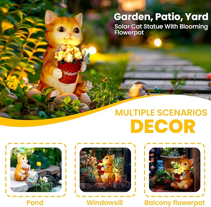 GIGALUMI Solar Garden Decor Flower Pot Cat Statues Outdoor, Birthday Gifts for Women Mom Grandma Senior Elder, Cat Ornament for Balcony, Garden, Patio, Yard, Lawn-HomvellaHome