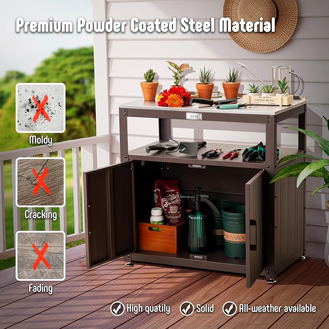 Garden Potting Bench with Storage Cabinet,Outdoor Gardening Table & Work Bench for Plants, Horticulture,Outdoor Workstation with Stainless Steel Tabletop,Outdoor Work Table-HomvellaHome