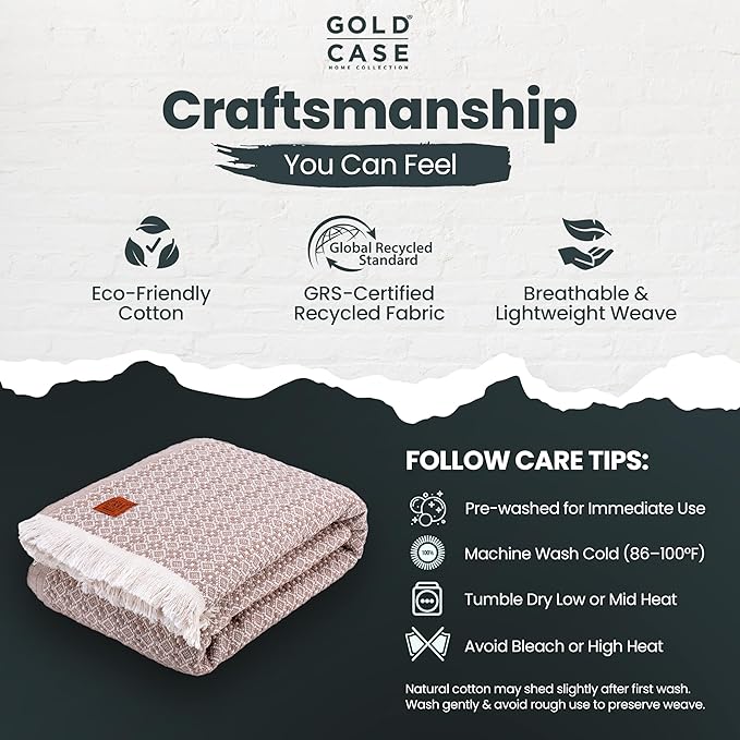 Gold Case Throw Blanket for Bed – 100% Recycled Turkish Cotton Bed Blanket – Decorative Throw Cotton Blankets for Living Room & Bedroom – Woven Twin Blankets - 71x90 - Beige-HomvellaHome