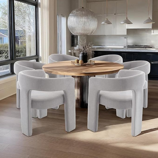 Grey Chenille Dining Chairs Set of 6, Modern Barrel Dining Room Chairs Upholstered Faux Fur Accent Chair with Arms and Round Back for Living Room Kitchen Armchair No Assembly Needed-HomvellaHome