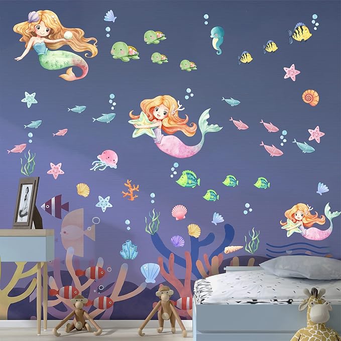 Glow in The Dark Stars Mermaid Wall Decals, Turtle Ocean Fish Stickers for Ceiling, DIY Wall Decor for Nursery Playroom Living Room, Birthday Christmas Gift-HomvellaHome