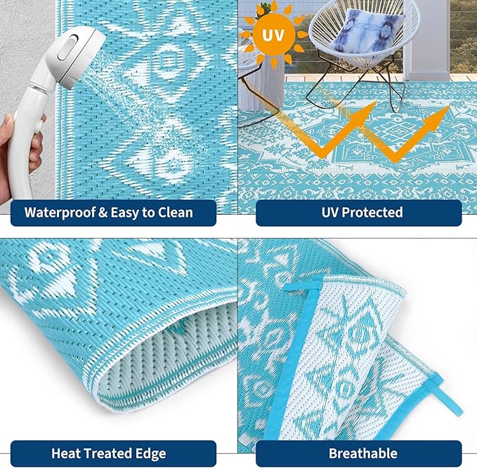 GAOMON Outdoor Rugs 8x10 Waterproof Reversible Outdoor Plastic Straw Rug, Large Patio Rugs UV-Resistant Portable RV Camping Mats, Vintage Boho Carpet for Deck Porch Garden, Light Blue & White-HomvellaHome