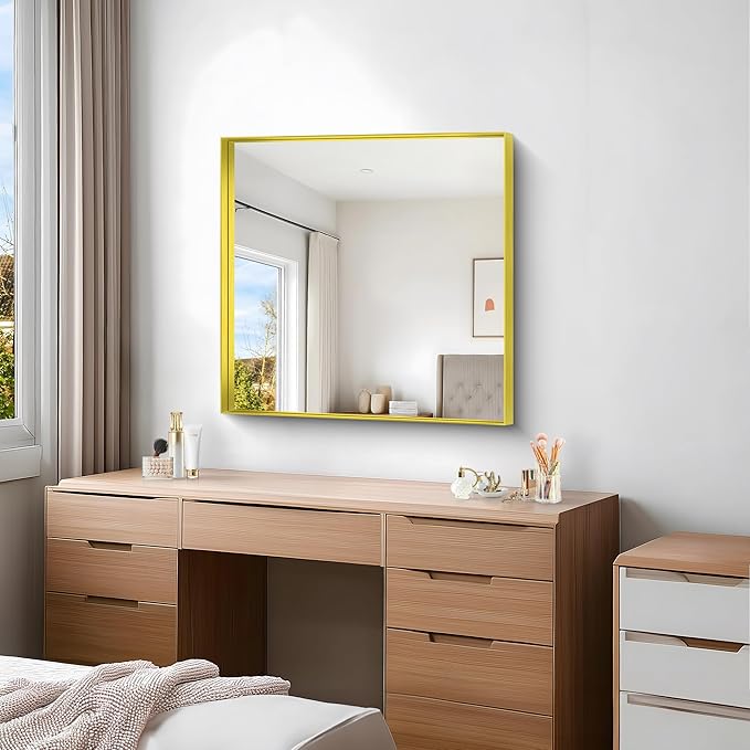 Gold Bathroom Mirror, 30x30 Inch Rectangular Framed Mirror, Large Wall Mounted Bathroom Vanity Mirror Over Sink for Bedroom,Restroom, Living Room, Hangs Vertically or Horizontally-HomvellaHome