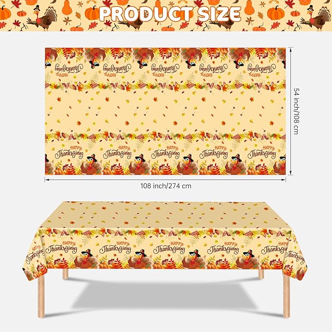 2 Pack Happy Thanksgiving Tablecloth - Fall Thanksgiving Turkey Table cloths, Disposable Plastic Rectangle Autumn Pumpkin Maple Leaf Table Cover for Thanks Giving Tables Decor Party Supplies,108x54In-HomvellaHome