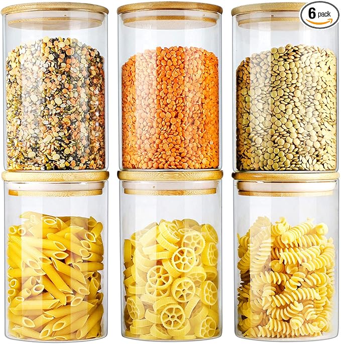 Glass Jars with Bamboo Lids (27oz in 6 Pack), Glass Food Jars and Canisters Sets, Food Storage Container with Airtight Lids, Food Pantry Jars,-HomvellaHome
