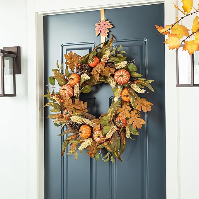 Glitzhome 24''D Fall Pumpkin Leaf Floral Wreath Decor, Artificial Harvest Door Wreath for Autumn or Thanksgiving Decoration-HomvellaHome