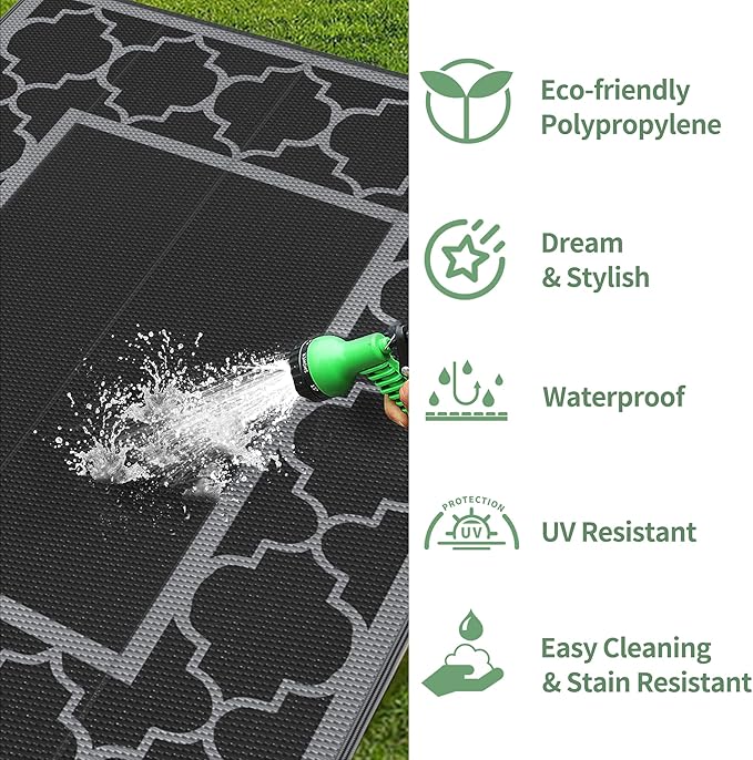 GENIMO 8' x 10' Outdoor Rug Patio Waterproof, Reversible Plastic Straw Area Rugs Mat for Camper Decor, Outside Carpet for Camping, Rv, Deck, Porch, Picnic, Beach, Balcony, Black & Grey-HomvellaHome