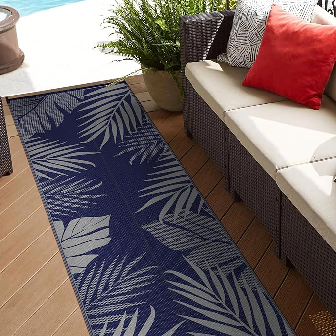 GENIMO Outdoor Rug 2.5' x 8' Waterproof for Patios Clearance, Reversible Outdoor Plastic Straw Camping Rug Carpet, Large Area Rugs Mats for RV, Camper, Deck, Balcony, Porch, Beach, Picnic, Blue&Grey-HomvellaHome