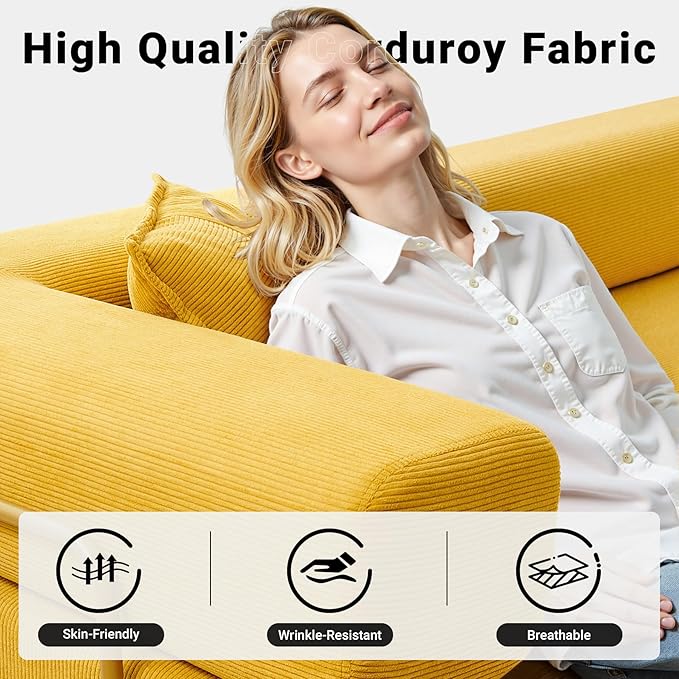 108" Oversized Convertible Sleeper Sofa Bed, Corduroy L Shape Sectional Couch, Folding Sofa Bed with Side Pocket, Modern Cloud Floor Mattress Couch, Modular Sofa for Living Room, Yellow-HomvellaHome