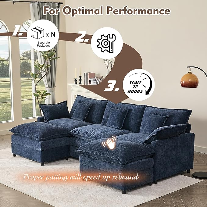 108" U Shaped Couch, Modular Sectional Sofa, 3-Seater Comfy Cloud Couch with Movable Ottoman, Deep Seat Couches for Living Room, Chenille, Navy-HomvellaHome