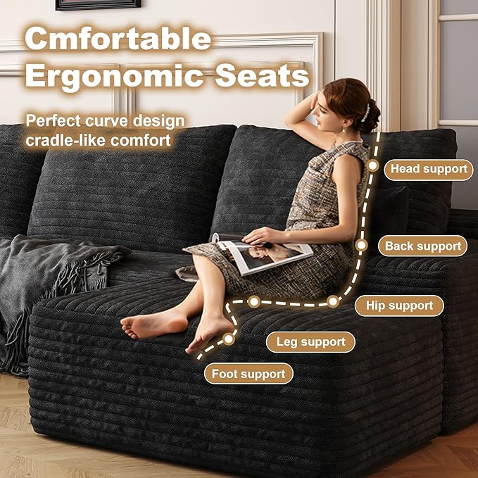 108" Sectional Couches for Living Room Modern Modular Sofa with L-Shape Couchs Upholstered Boneless Couch Deep Seat Sectional Couch with Chaise (Black, Left Facing Chaise+2Seaters+1Ottoman)-HomvellaHome