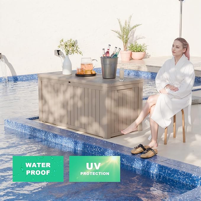 180 Gallon Outdoor Deck Box,Storage Lockable Waterproof Patio Furniture,Garden Tools,Cushions,Pool Accessories Outside Storage Resin Box(Grey)-HomvellaHome