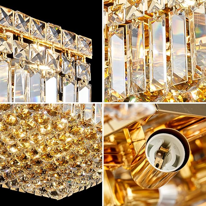 12-Lights Gold Crystal Flush Mount Ceiling Light Fixtures,Elegant Crystal Chandelier Pendant Ceiling Lamp for Bedroom,Living Room,Dining Room,Hallway H5.9 x W20 x L20 (Bulb Not Included) Square-HomvellaHome