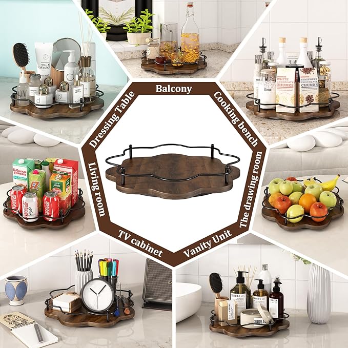 12" Lazy Susan Turntable Organizer,Round Wooden Lazy Susan Organization and Rotating Spice Rack for Dining Table,Pantry,Kitchen Countertop,Vanity,Cupboard and More.Vintage Wood(Petal Shape)-HomvellaHome