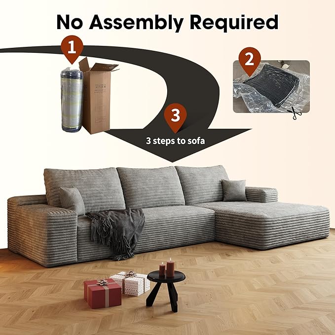 108" Sectional Couches for Living Room Modern Modular Sofa with L-Shape Couchs Upholstered Boneless Couch Deep Seat Sectional Couch with Chaise (Grey, Right Facing Chaise+2Seaters)-HomvellaHome