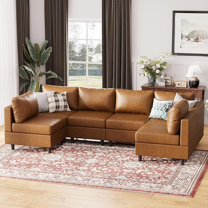 118.5" Faux Leather Modular Sectional Sofa with Storage Seat, Modern 6 Seater Couch Deep Seat with Removable Cover DIY Combination Brown-HomvellaHome