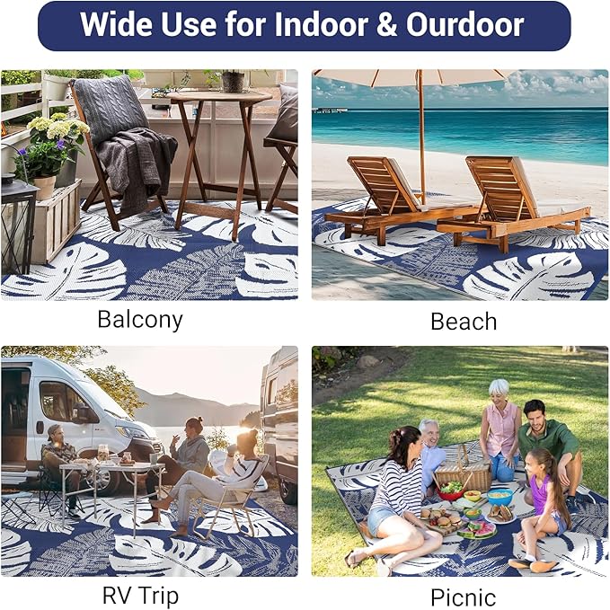 GAOMON Patio Rugs Outdoor 8x10 Waterproof Reversible Plastic Straw Rug Modern Patio Carpet, Foldable Lightweight RV Camping Mat with Portable Bag & 4 Stakes, UV Resistant & Sturdy for Picnic, Blue-HomvellaHome