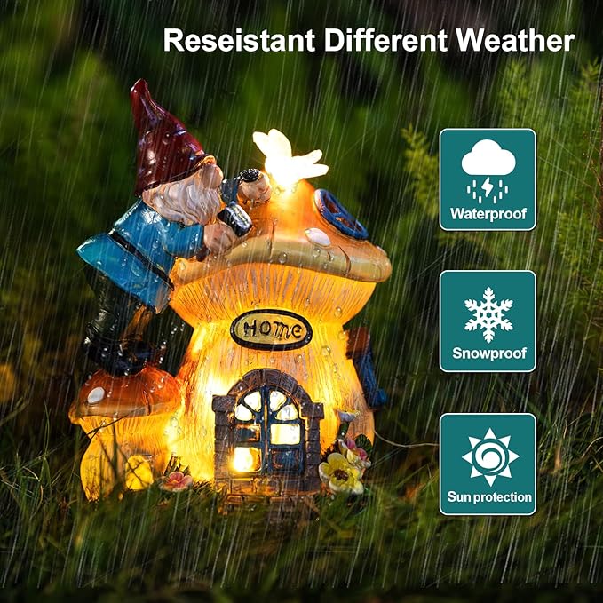 Garden Gnome Statues Figurine Lights - Solar Powered Lighting Outdoor Decorations, Gnome Build Mushroom Fairy House, Yard Art Lawn Ornaments for Porch Patio Balcony - Gnome Gifts for Women Mom-HomvellaHome