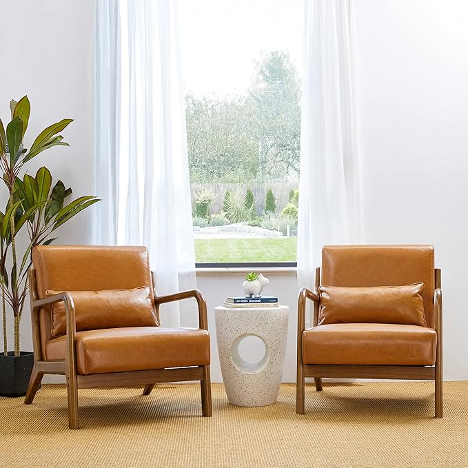 Glitzhome 30" H Mid Century Yellowish Brown Accent Armchair, Single Reading Sofa, PU Leather Lounge Chair with Walnut Ruberwood Frame for Livingroom or Office-HomvellaHome