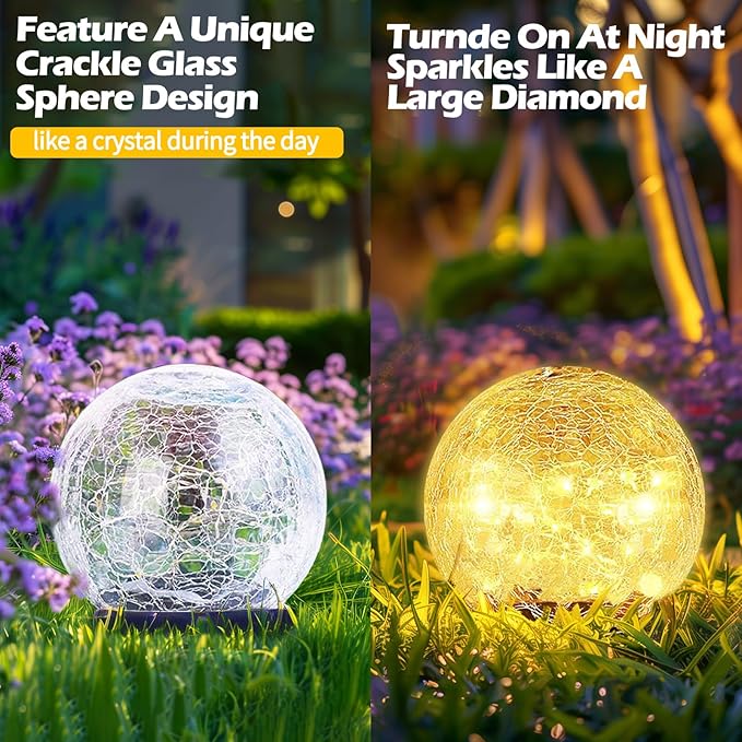 Garden Solar Ball Lights Outdoor Waterproof, 30 LED Cracked Glass Globe Solar Power Ground Lights for Path Yard Patio Lawn, Christmas Decoration Landscape Warm White(2 Pack 3.9'')-HomvellaHome