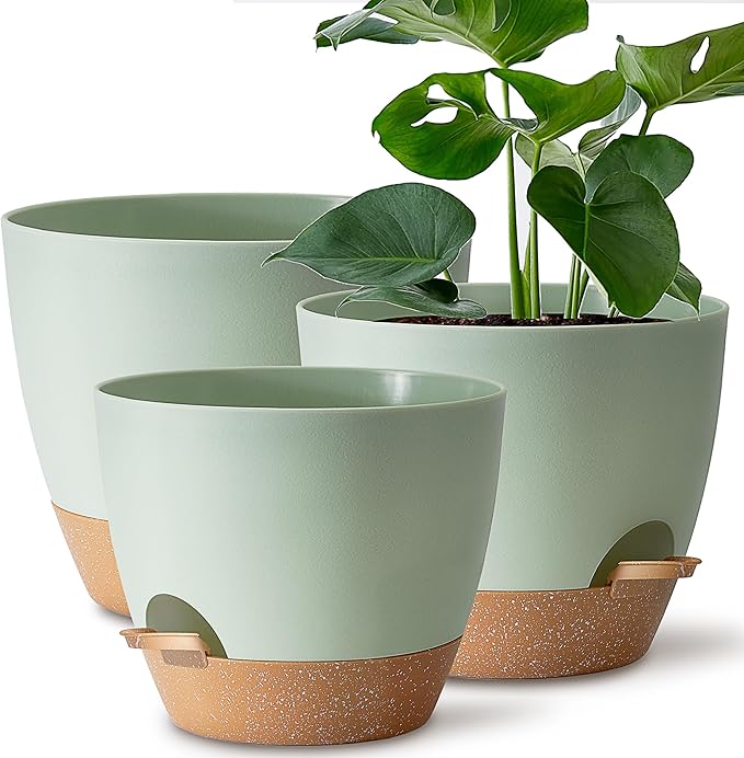 Giraffe Creation Plant Pots Set of 3 (12/10/9 inch), Self-Watering Indoor & Outdoor Flower Planters with Drainage Hole and Reservoir, Green-HomvellaHome