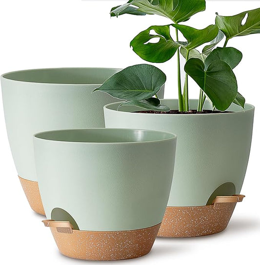 Giraffe Creation Plant Pots Set of 3 (12/10/9 inch), Self-Watering Indoor & Outdoor Flower Planters with Drainage Hole and Reservoir, Green-HomvellaHome