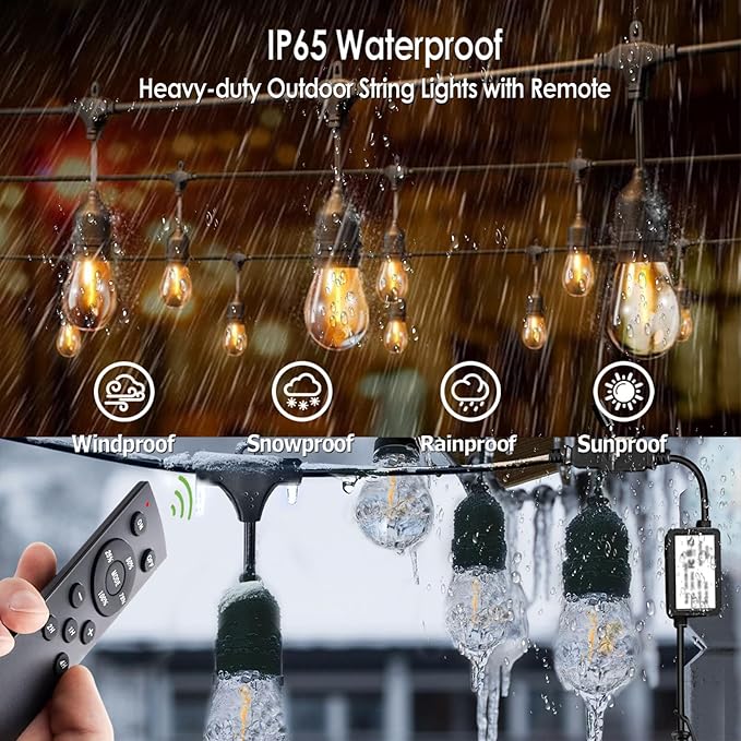 1-Pack 150 ft Outdoor String Lights with Remote Patio Lights Weatherproof, 45+3 Spare S14 Shatterproof Warm 2200K Bulbs, 3 Lighting Modes&Dimmable&Timer-HomvellaHome