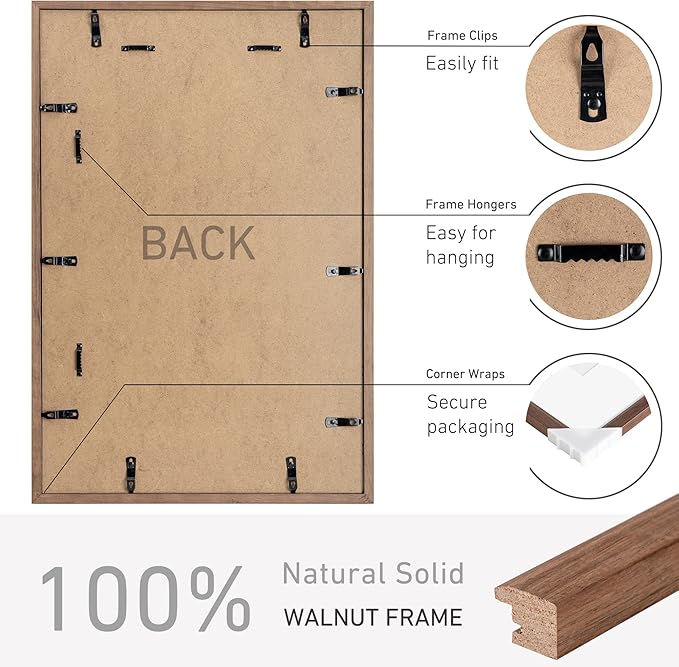 16x24 Poster Frame Natural Solid Walnut Photo Frames with 12x18 Removable Mat Wall Hanging Large Handcrafted Frame with HD Plexiglass Wall and Tabletop Display Large Picture Frame-HomvellaHome