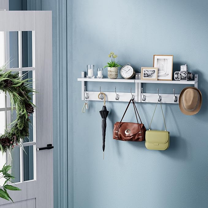 2 Pack Coat Rack Wall Mount, Bamboo Coat Hook with Storage Shelf, Coat Hanger with 8 Dual Hooks, Wall Floating Shelf for Entryway Hallway Kitchen, Bathroom, Bedroom (White+Slive)-HomvellaHome