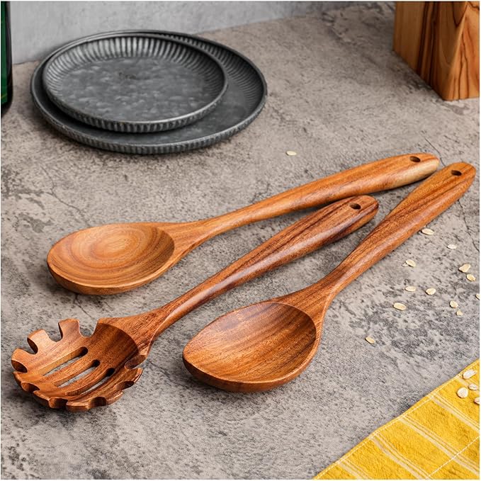 Gudamaye 13 inch Long Wooden Spoons for Cooking, 9 PCS Natural Teak Wooden Kitchen Utensil Set with Utensils Holder Made of Australia Camphor Laurel Wood，Wooden Utensils for Cooking-HomvellaHome