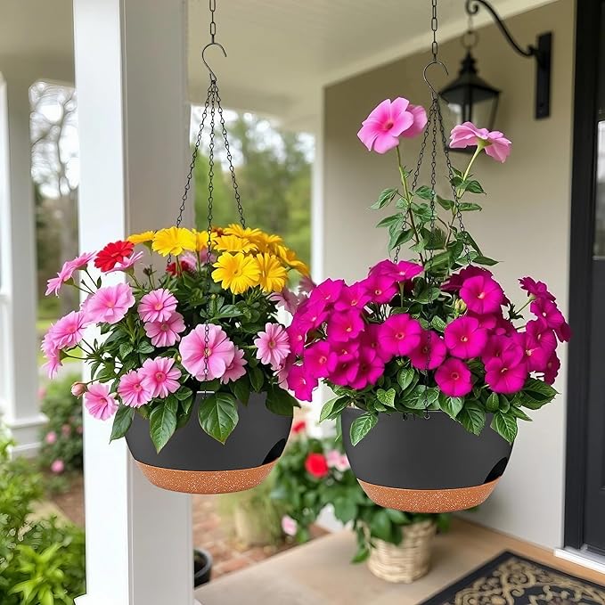 2 Pack Hanging Planters for Indoor Outdoor Plants, 12 Inch Self Watering Hanging Pot with Drainage Holes and Saucer, Plastic Plant Pots, Black Brown Flower Pots for Kitchen, Balcony, Garden-HomvellaHome