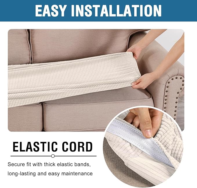 H.VERSAILTEX Super Stretch Individual Seat Cushion Covers - Sofa Couch Cushion Slipcover Sets - Thick Jacquard Textured Twill Fabric - Large (2 Piece, Ivory)-HomvellaHome