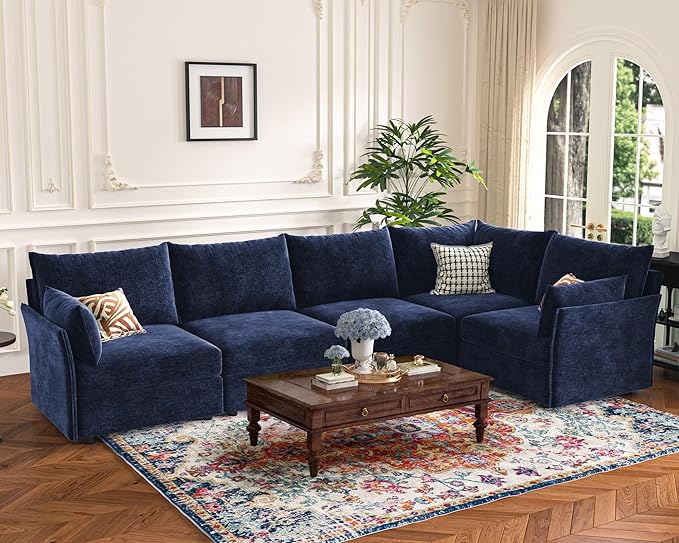 135.5" Oversized Modular Sectional Sofa, L Shaped Convertible Couch with Movable Ottoman, 5 Seat Corner Couches for Living Room Deep Seat Blue Chenille-HomvellaHome