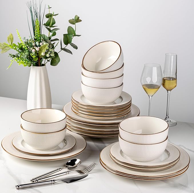 GBHOME Ceramic Dinnerware Sets, 24 pcs Embossed Elegant Stoneware Plates and Bowls Sets, Housewarming Wedding Gift | Dishwasher & Microwave Safe | Dishes Set Service for 8-HomvellaHome