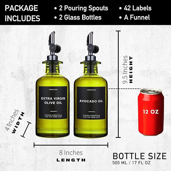 Green Glass Olive Oil Dispenser Bottle For Kitchen By Verpsace,Avocado Oil Dispenser Set, Modern Decor, Gold Kitchen Accessories for Home, Airbnb, Cafe (Black, Set of 2)-HomvellaHome