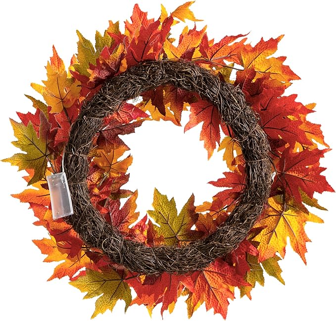 Glitzhome 24 Inch Pre-lit Fall Wreath, Autumn Wreath for Front Door, Lighted Maple Leaves Wreaths with Timer for Thanksgiving Halloween Christmas Wall Front Porch Home Decoration-HomvellaHome