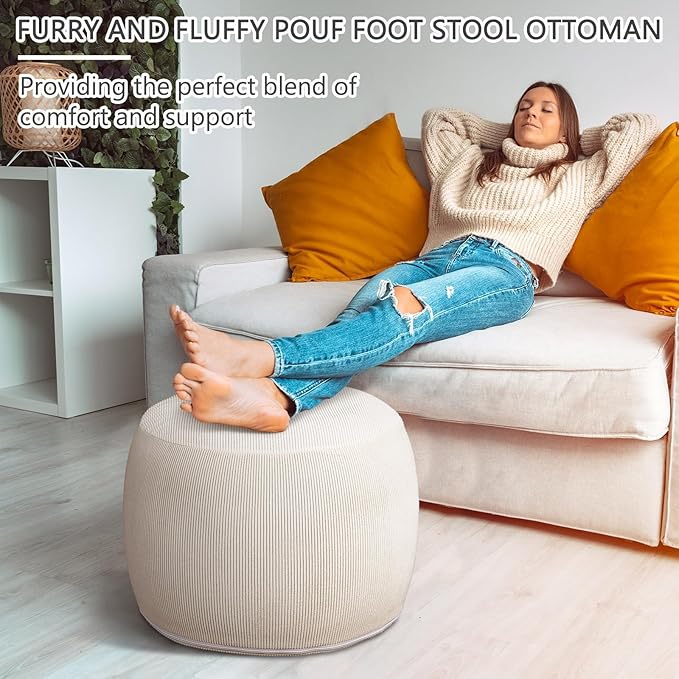 2 Pack Round Inflatable Pouf Ottoman Foot Rest for Couch 20 x 16 Inch Cozy Portable Floor Corduroy Poufs Foot Stool Ottoman with Pump for Living Room Bedroom Chair, Beige-HomvellaHome