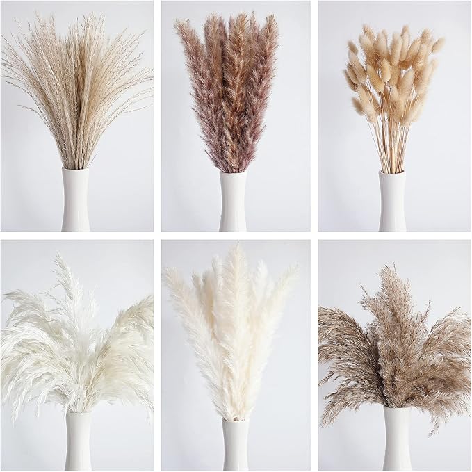 110 PCS Dried Pampas Grass Bouquet, Boho Table Decor, Bunny Tails Dried Flowers, Brown Pompas, White Pampas Grass for Wedding, Home, Rustic Party, Baby Shower Decorations-HomvellaHome