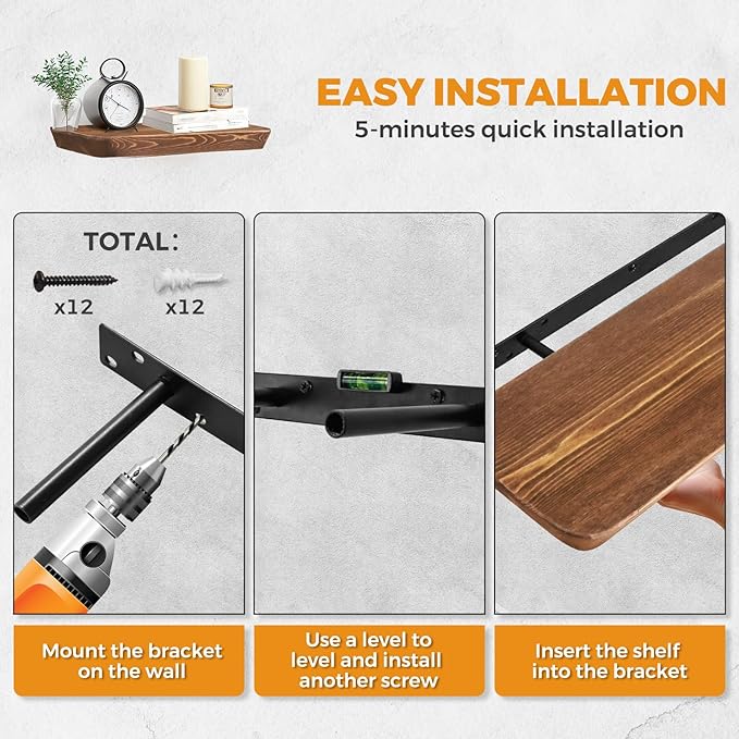 16"x6.8"x1.6" Slanted Floating Wall Shelves 2-Pack - Rustic Brown Finish, Heavy-Duty Solid Wood Design with Hidden Brackets - Perfect for Living Room, Kitchen, Bathroom, or Office-HomvellaHome