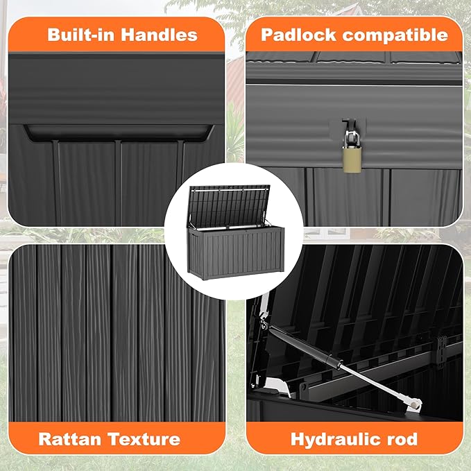 150 Gallon Resin Deck Box, Lockable Patio Outdoor Storage Box for Furniture, Garden Tools and Tools Storage, Waterproof Outside Storage Boxes - Black-HomvellaHome