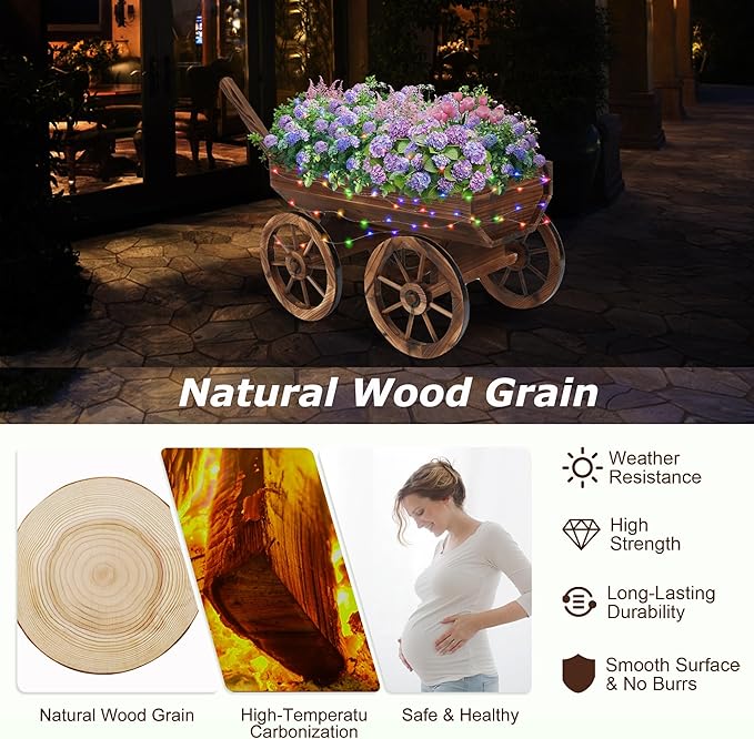 Garden Wooden Decor Rustic Flower Pot,Planters Wagon Indoor Outdoor Backyard Balcony Decor,for Outside Garden Decor Wheelbarrow Planter for Patio (Wooden Wagon with Light)-HomvellaHome