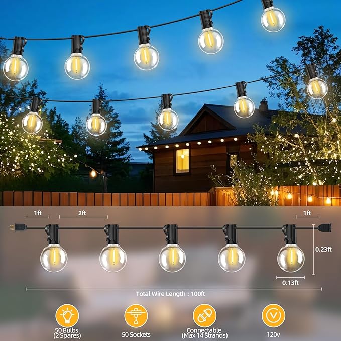 100FT G40 LED Outdoor String Lights with 50 Shatterproof Bulbs + 2 Spares, E12 Socket, 2700K Warm White, Weatherproof Black Cable, for Patio, Backyard, Wedding, Party, Porch, Deck, Gazebo, Camping-HomvellaHome
