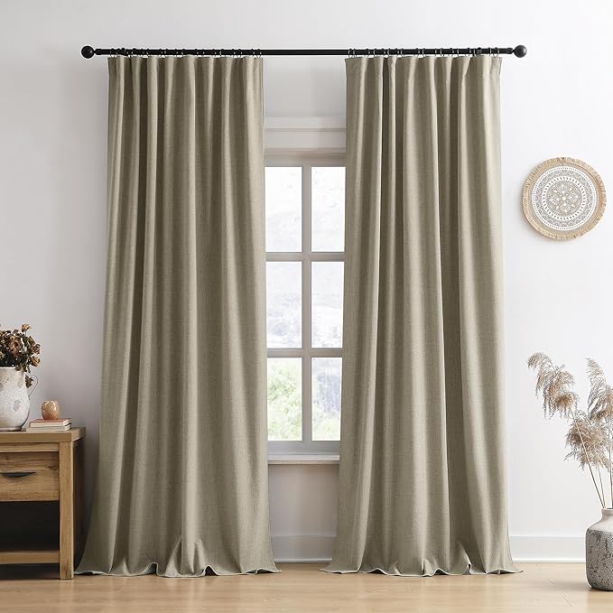 102 Inch Long Blackout Linen Blend Curtains 2 Panels,70 Wide Back Tab Pinch Pleated Look Window Drapes with Hooks,Track System Curtain Panels for Sliding Door Modern Farmhouse 70x102 Light Taupe-HomvellaHome