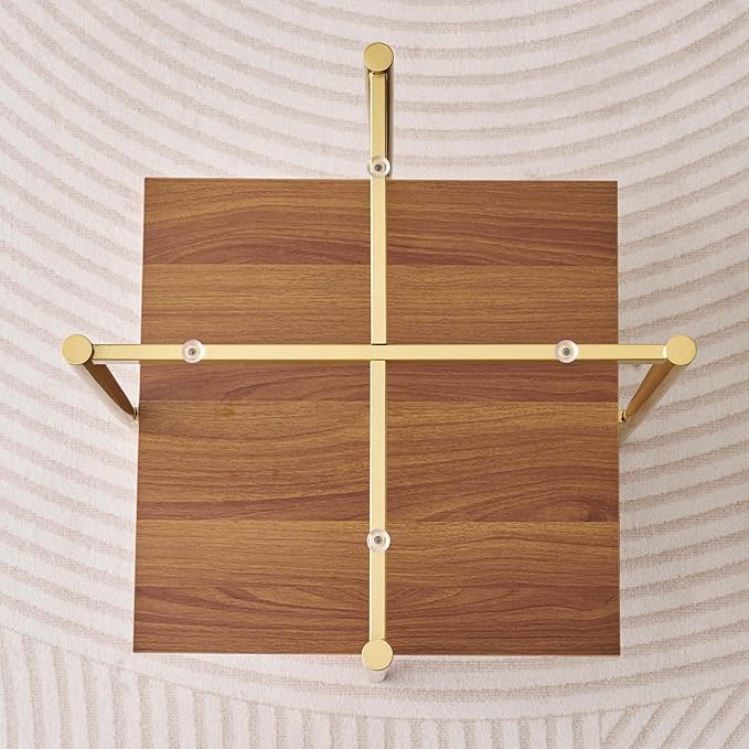 Glass End Table, Mid-Century Modern Design Sofa Table, L41 x W21 x H17, for Living Room, 2-Tier Structure, Clear Glass Top and Walnut MDF Shelf, Sleek Conical Metal Legs with Gold Finish Frame-HomvellaHome